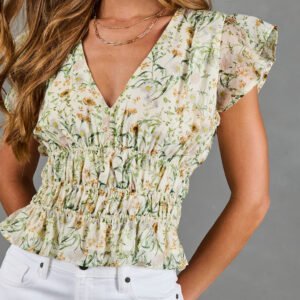Adilene Floral Print Smocked Waist Peplum Top